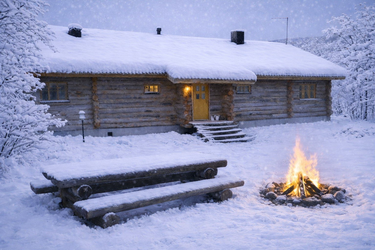 Cabin with campfire in winter