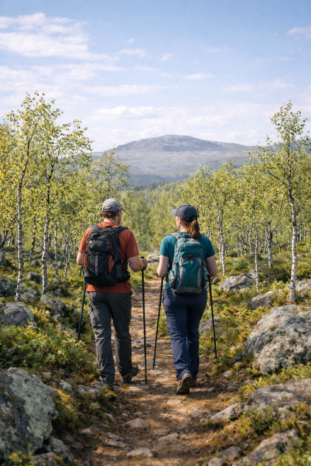 Hikers on a fell trail in Lapland