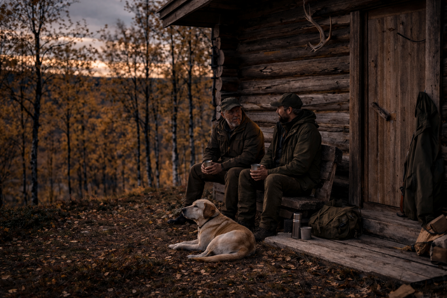 Hunters at the cabin in the evening